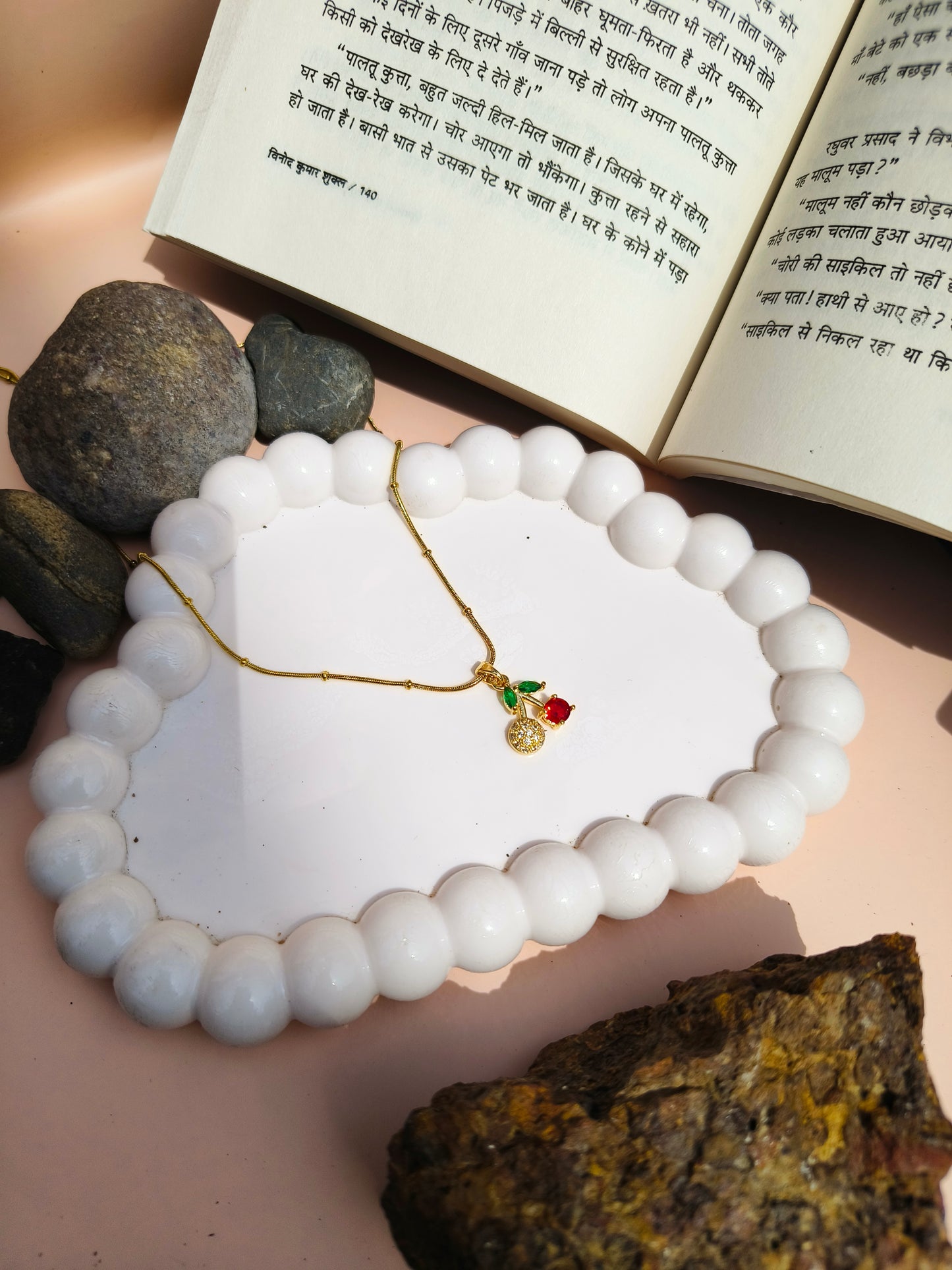 Stainless Steel Cherry Pendant Necklace with Red & Green Enamel