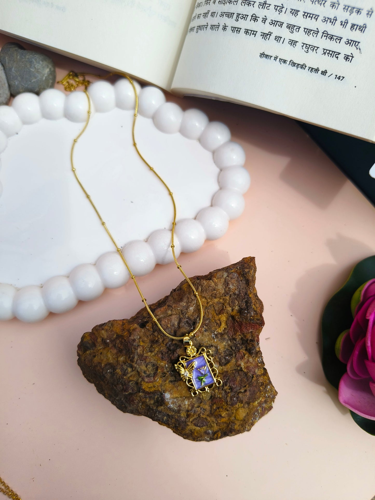 Stainless Steel Vintage Floral Frame Pendant Necklace – Purple Enamel