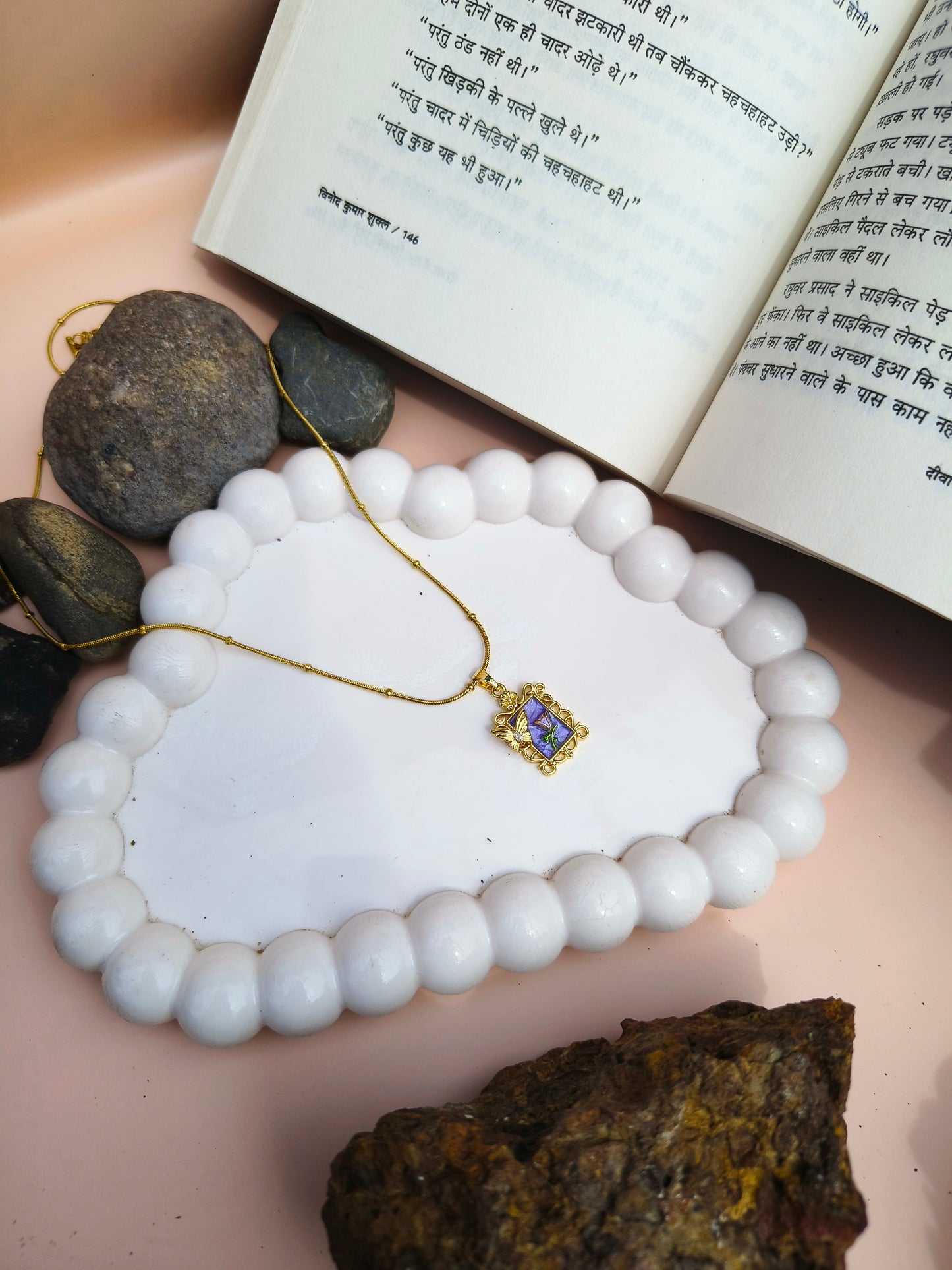 Stainless Steel Vintage Floral Frame Pendant Necklace – Purple Enamel