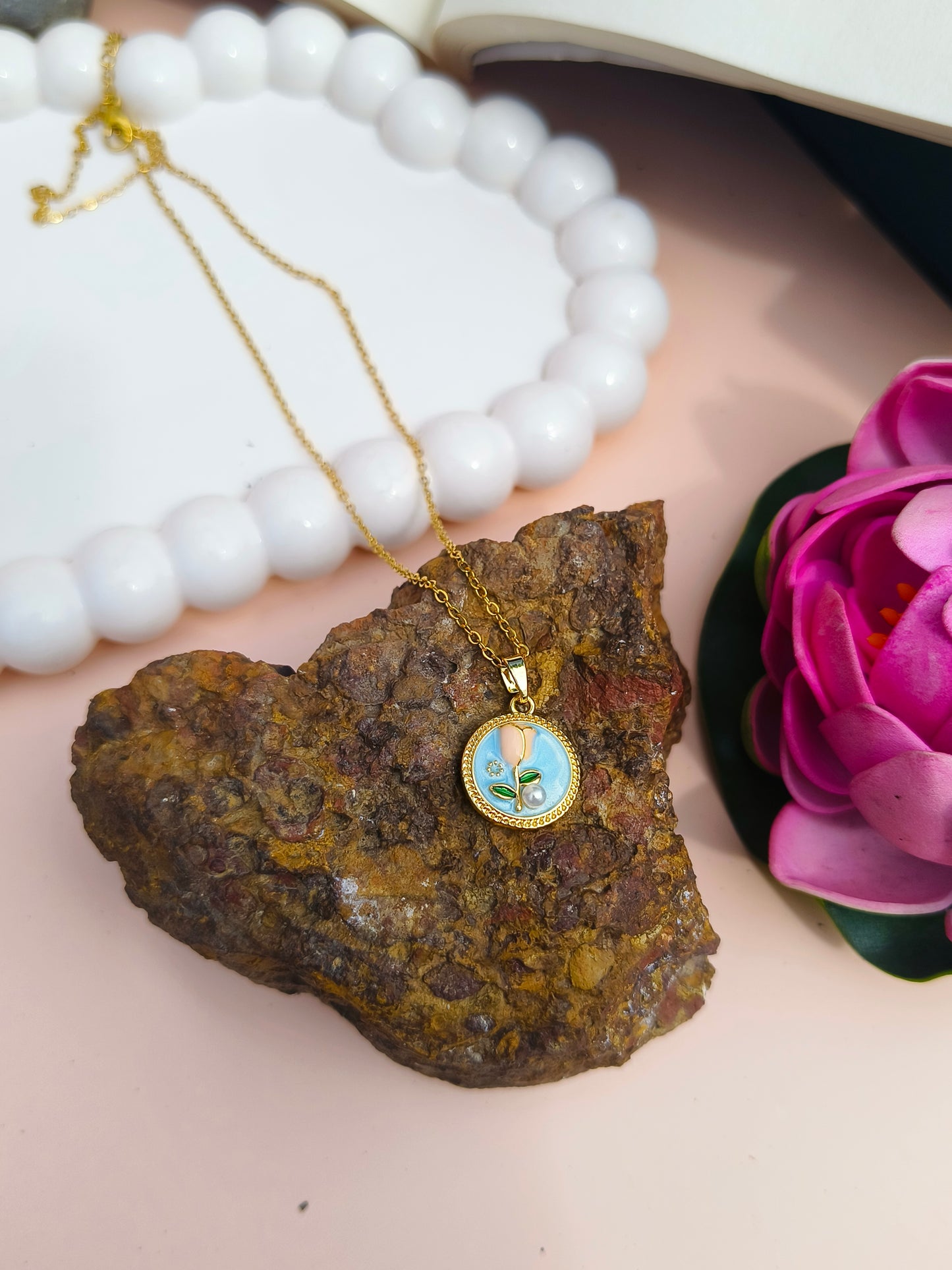 Stainless Steel Round Floral Pendant Necklace with Enamel & Crystal Accents