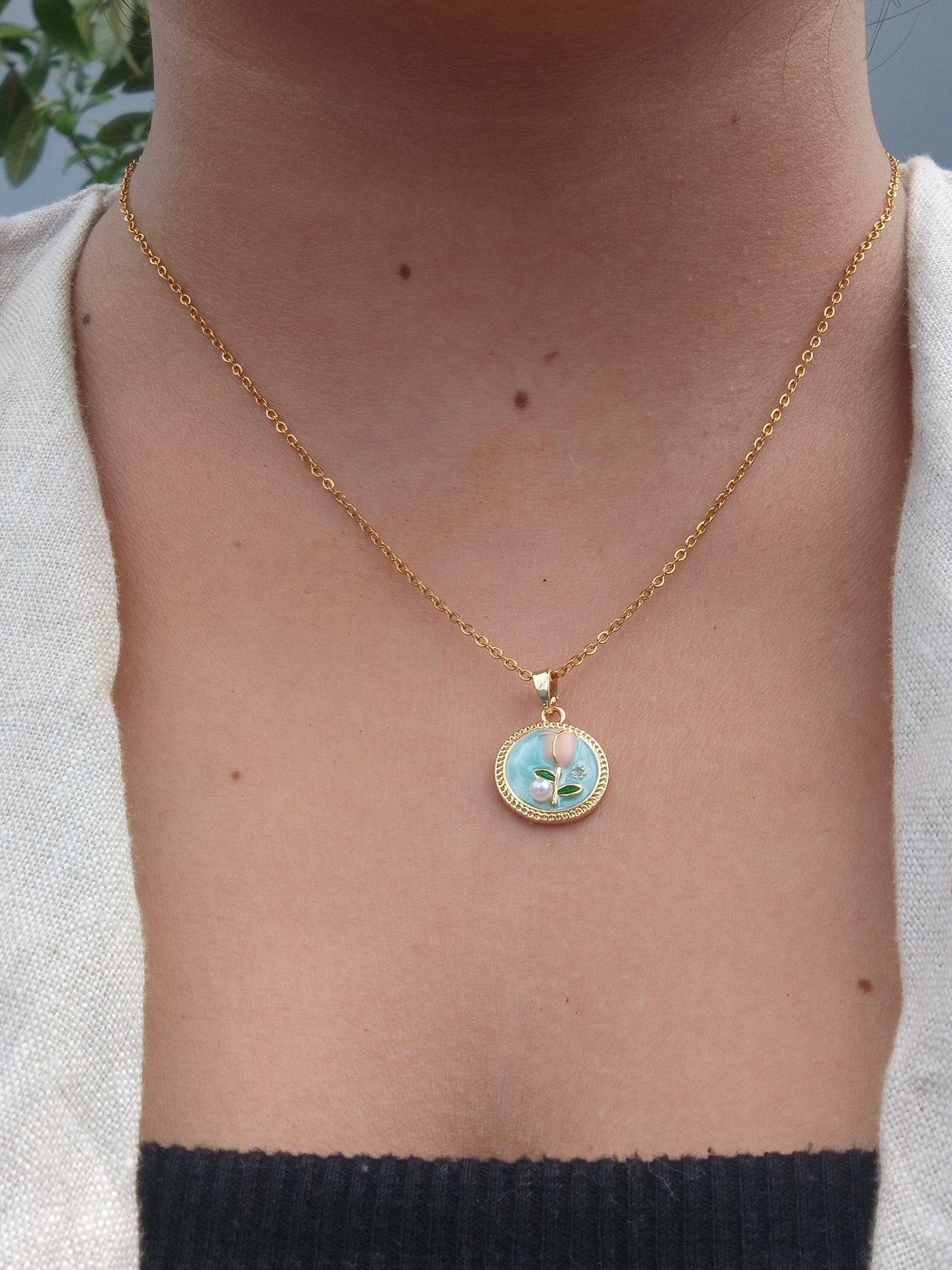 Stainless Steel Round Floral Pendant Necklace with Enamel & Crystal Accents