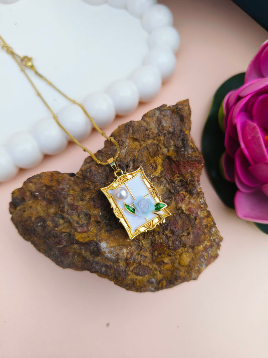 Stainless Steel Floral Frame Pendant Necklace with Pearl & Rose Detail