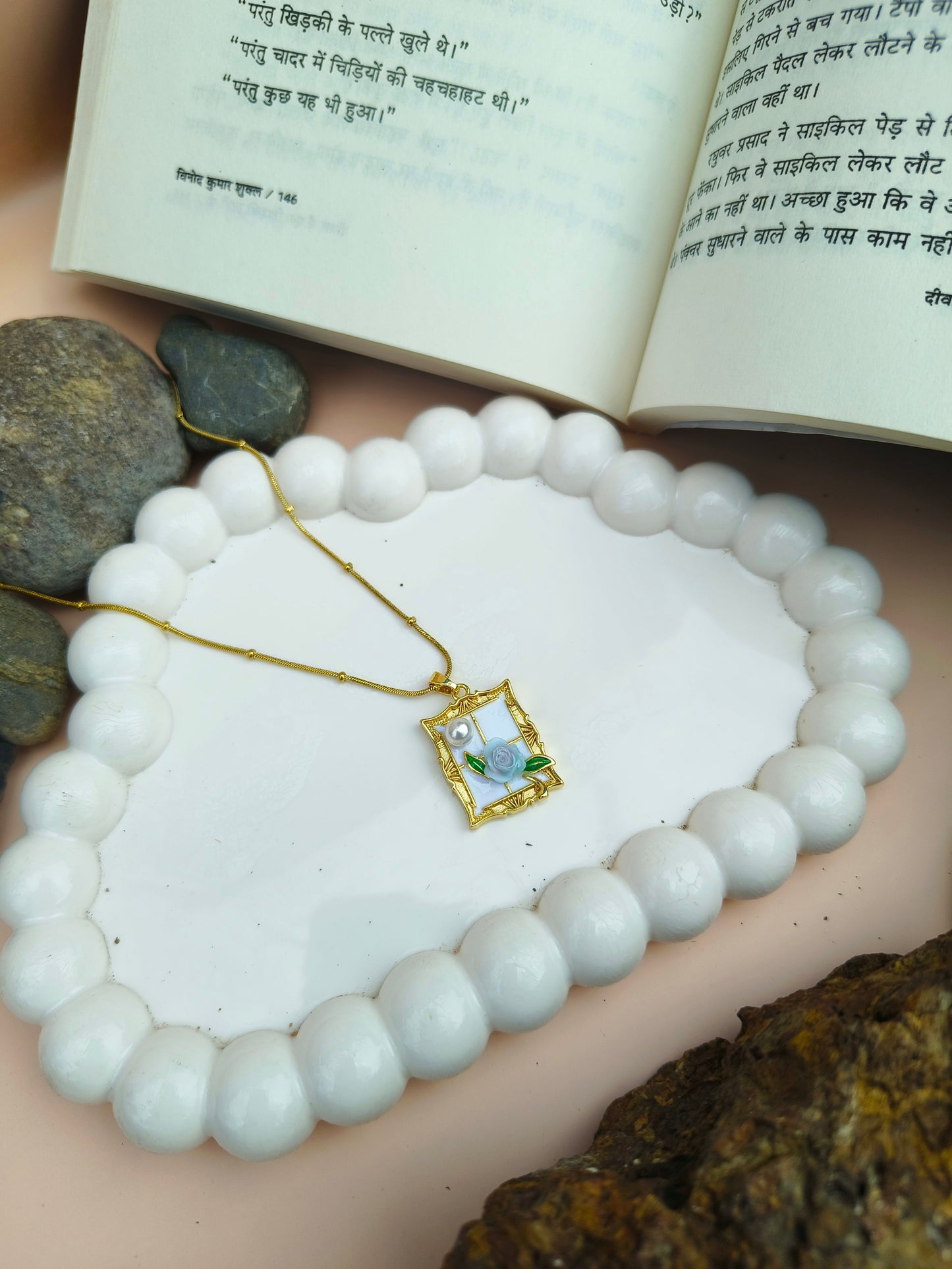 Stainless Steel Floral Frame Pendant Necklace with Pearl & Rose Detail