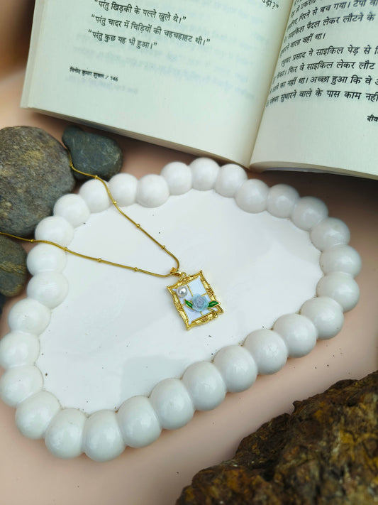 Stainless Steel Floral Frame Pendant Necklace with Pearl & Rose Detail