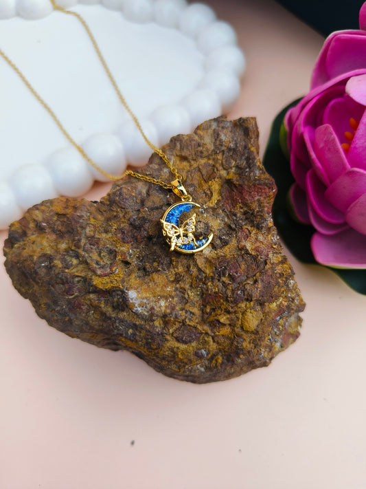 Stainless Steel Moon & Butterfly Pendant Necklace in Blue Enamel