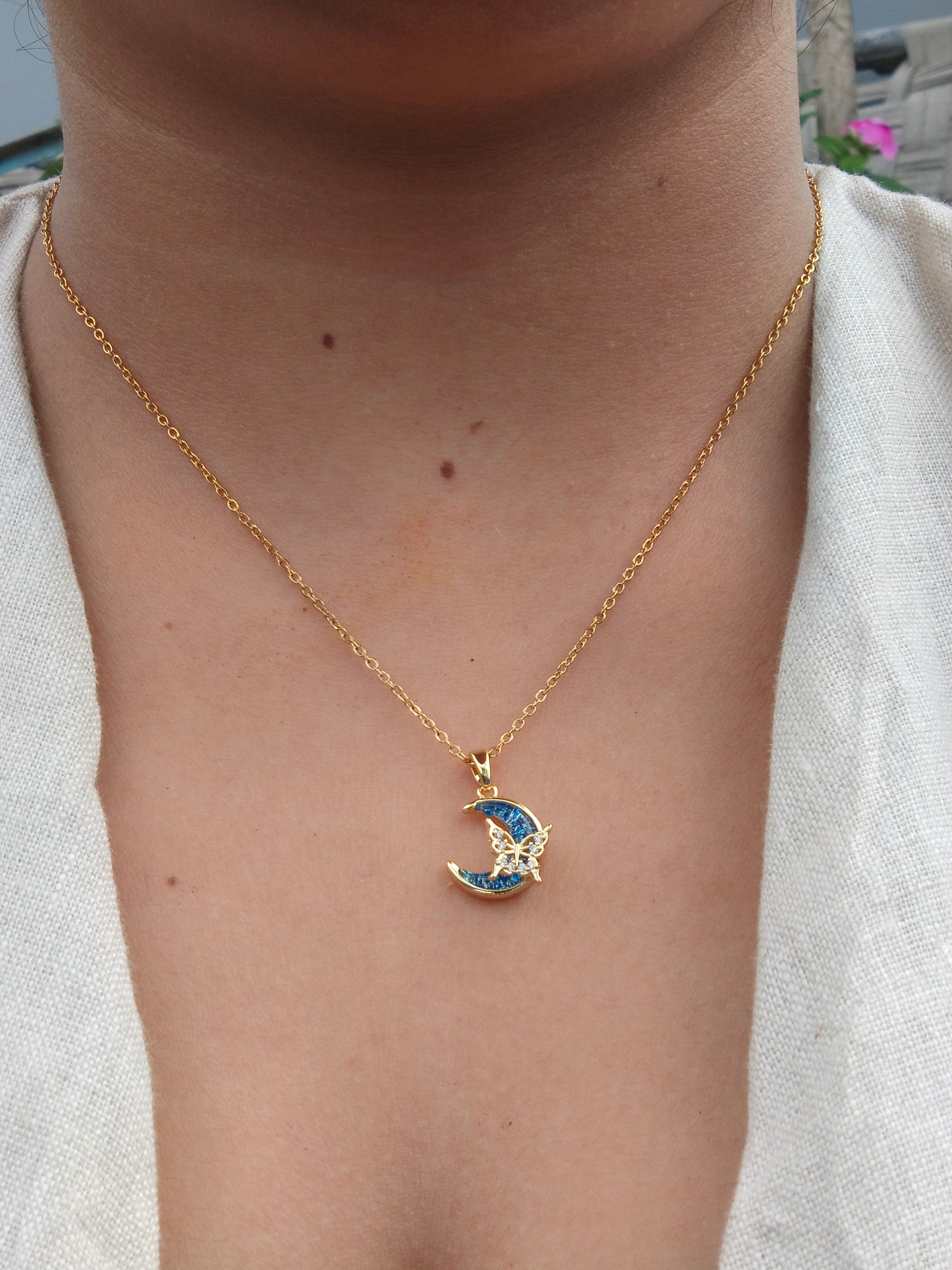 Stainless Steel Moon & Butterfly Pendant Necklace in Blue Enamel