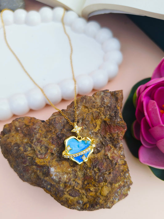 Stainless Steel Blue Heart Pendant Necklace with Star & Crystal Accents