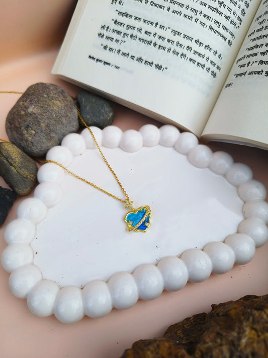 Stainless Steel Blue Heart Pendant Necklace with Star & Crystal Accents