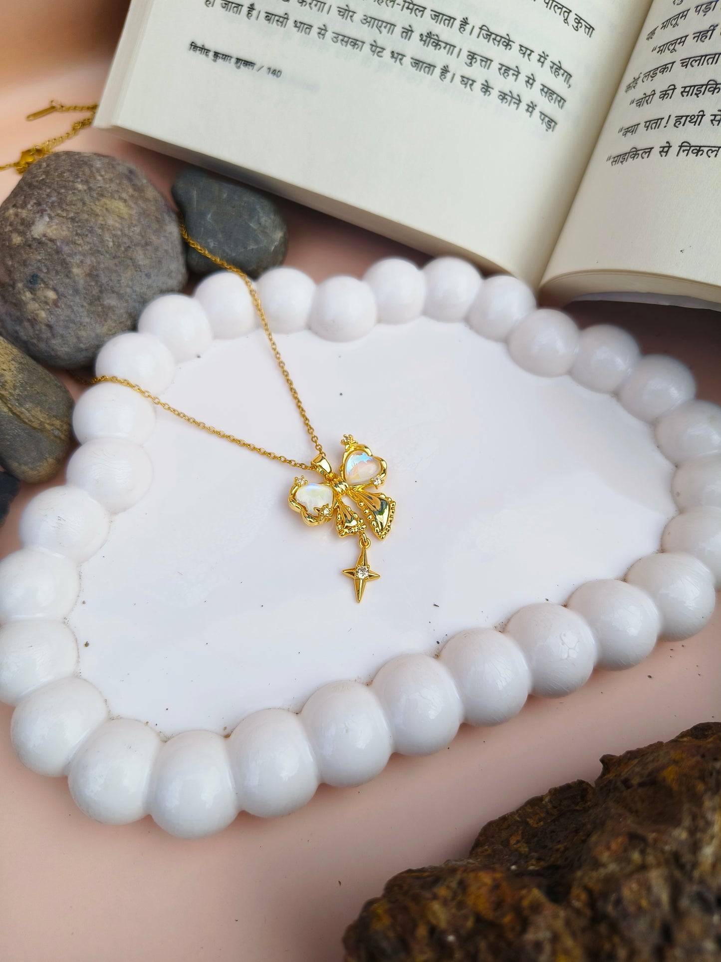 Stainless Steel Bow Pendant Necklace with Star Charm