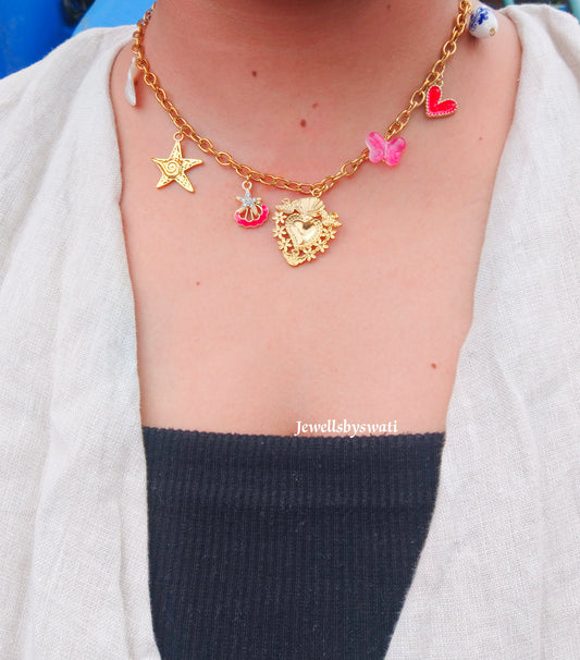 Gold Plated Multi Charm Necklace for Women | Heart, Star & Butterfly Charms | Anti Tarnish Statement Jewelry