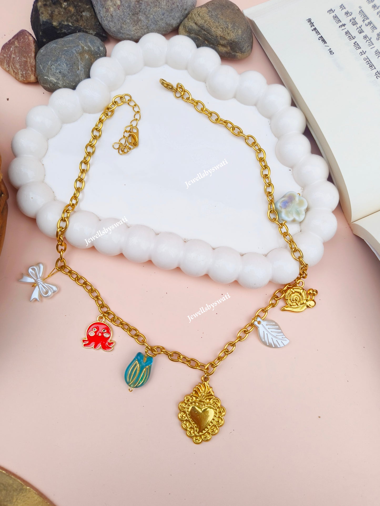 Gold Plated Charm Necklace for Women | Heart & Nature Charms Statement Chain | Anti Tarnish Fashion Jewelry