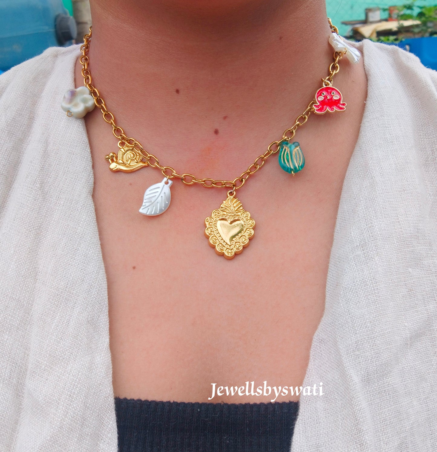 Gold Plated Charm Necklace for Women | Heart & Nature Charms Statement Chain | Anti Tarnish Fashion Jewelry