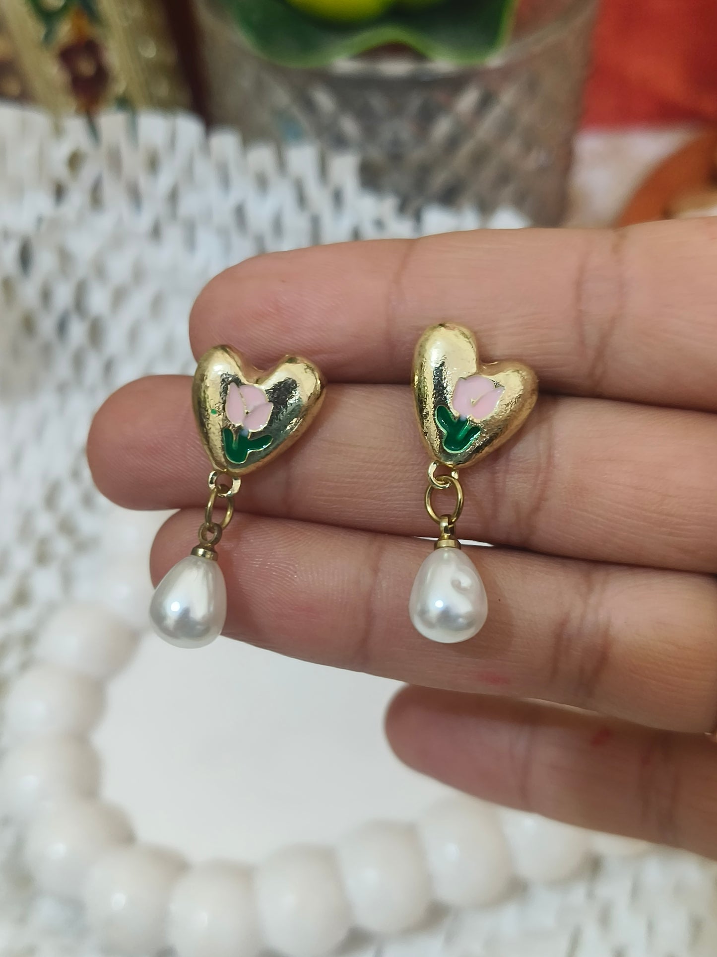 Golden Heart Floral Stud Earrings with Dangling Pearl Drop | Elegant Everyday Jewelry