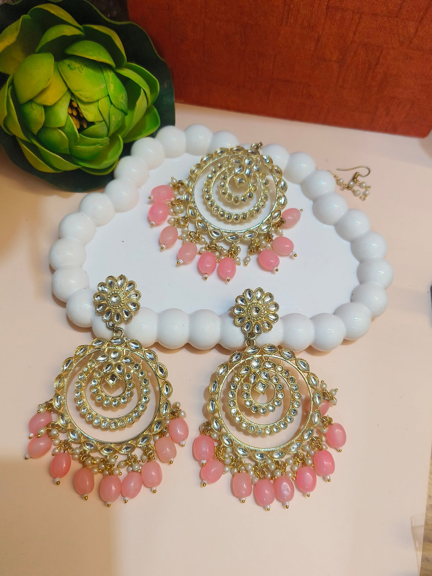 Royal Kundan Chandbali Earring & Maangtika Set with Pink Beads