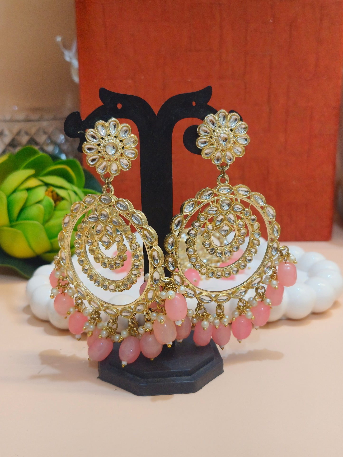 Royal Kundan Chandbali Earring & Maangtika Set with Pink Beads