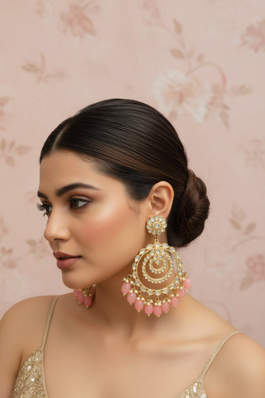Royal Kundan Chandbali Earring & Maangtika Set with Pink Beads
