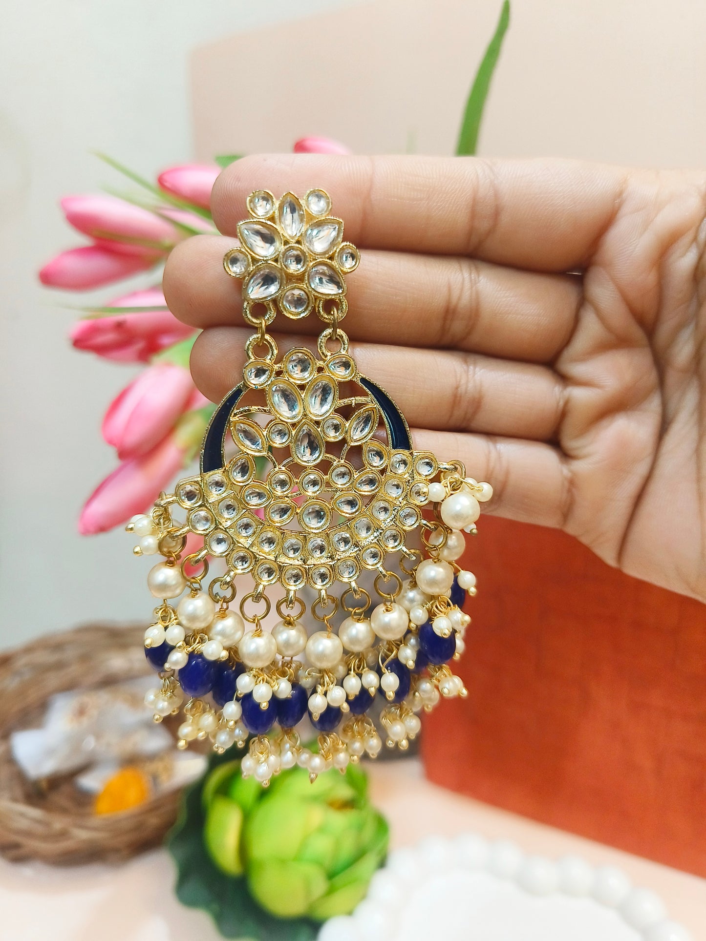 Royal Blue Kundan & Pearl Chandbali Earrings