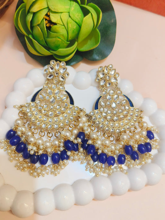 Royal Blue Kundan & Pearl Chandbali Earrings