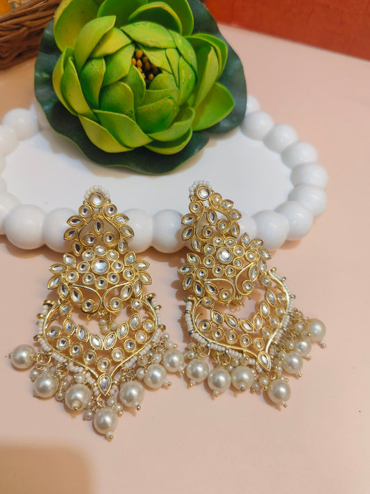 Gold Kundan & Pearl Drop Chandbali Earrings