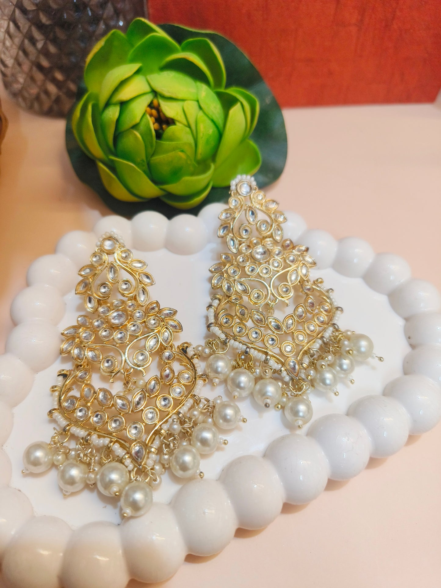 Gold Kundan & Pearl Drop Chandbali Earrings
