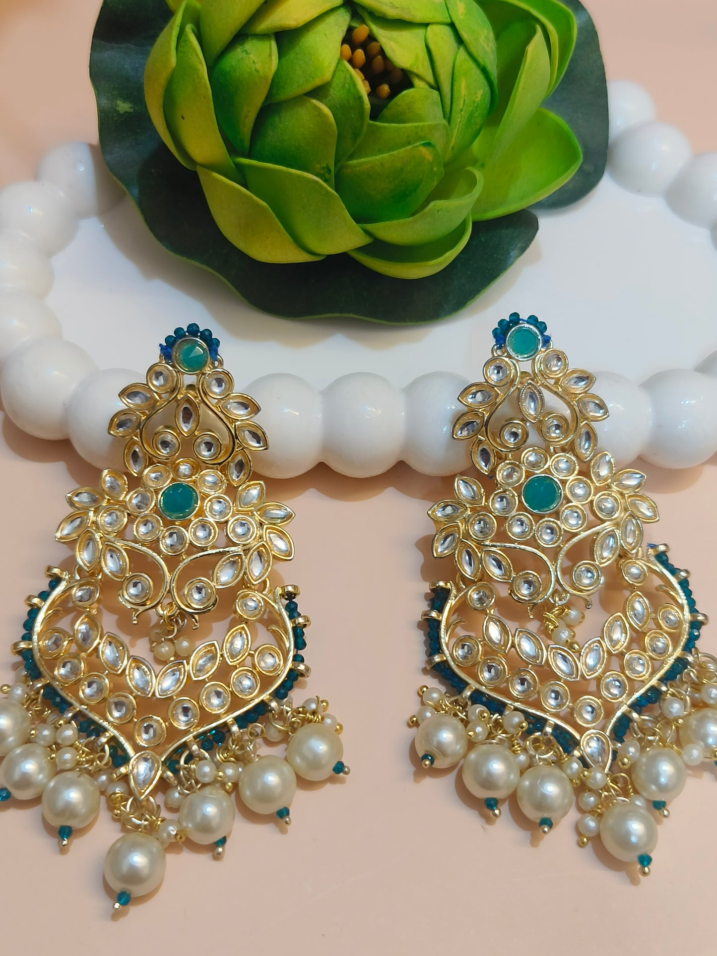 Gold Kundan & Pearl Drop Chandbali Earrings