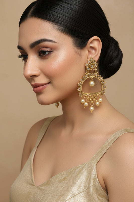 Elegant Reverse AD Kundan & Pearl Drop Earrings