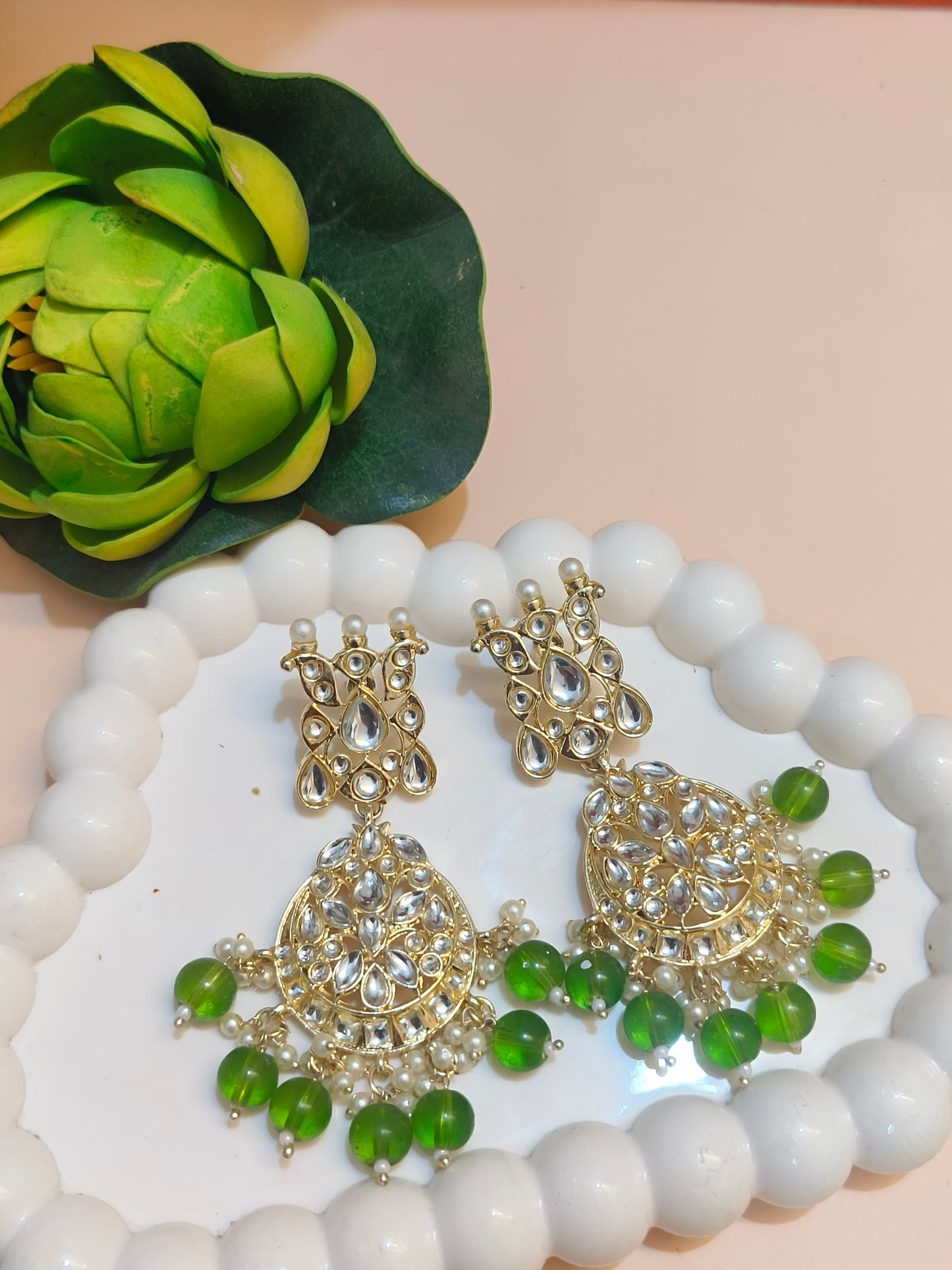 Elegant Kundan Chandbali Earrings with Green Beads & Pearl Detailing