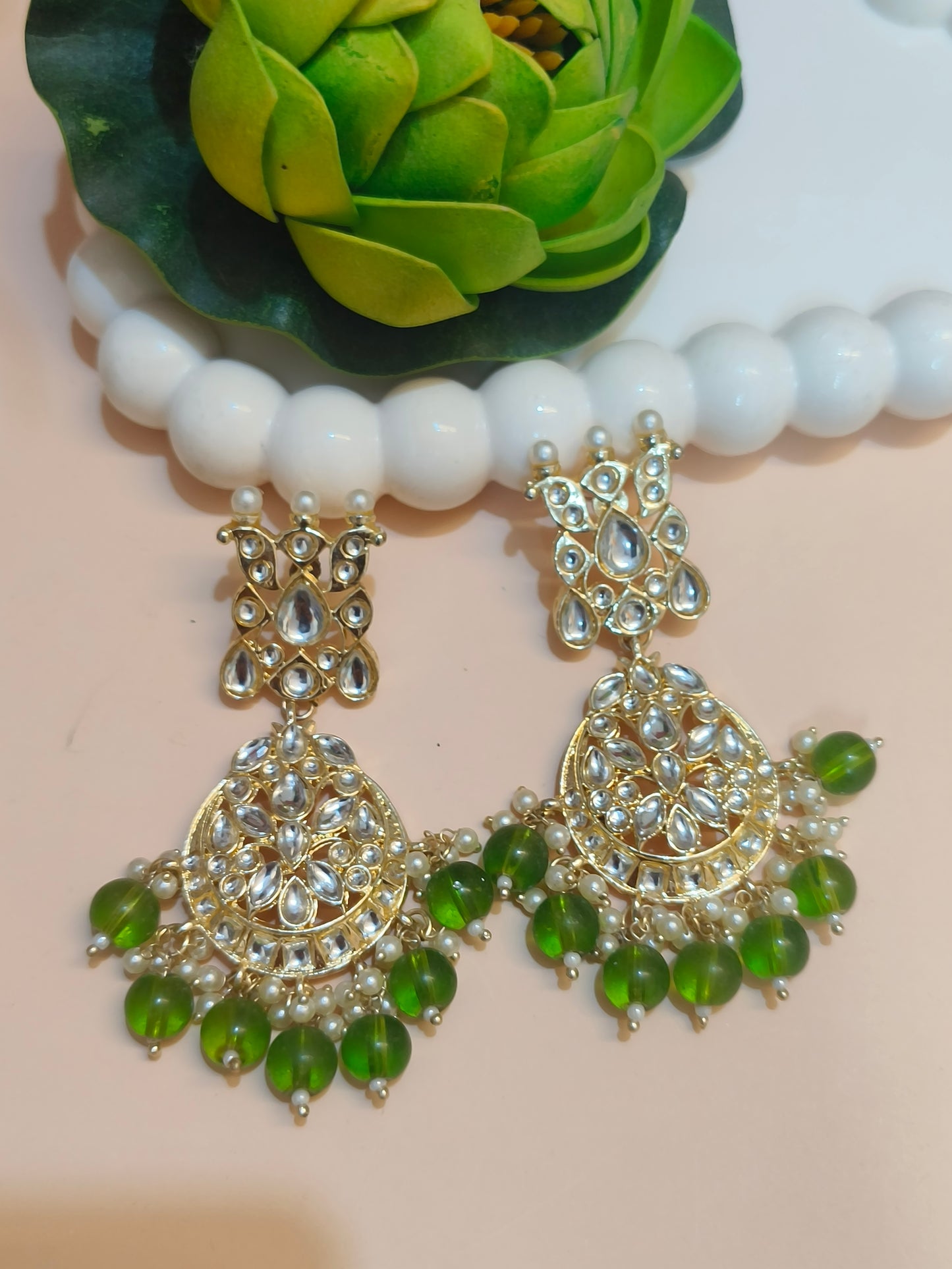 Elegant Kundan Chandbali Earrings with Green Beads & Pearl Detailing