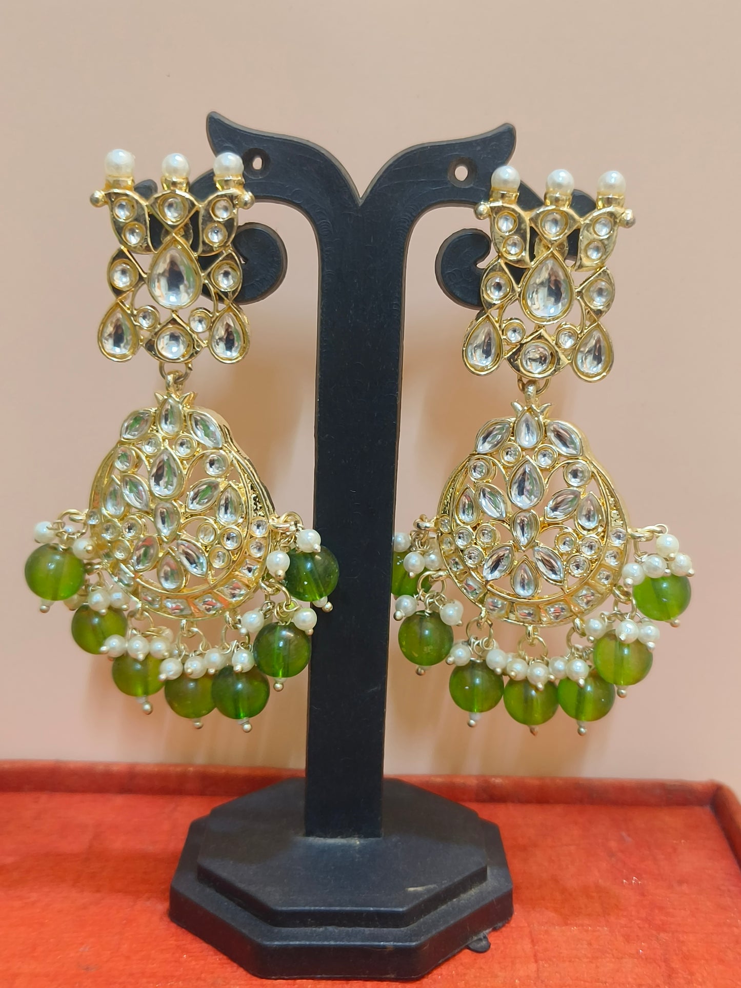 Elegant Kundan Chandbali Earrings with Green Beads & Pearl Detailing