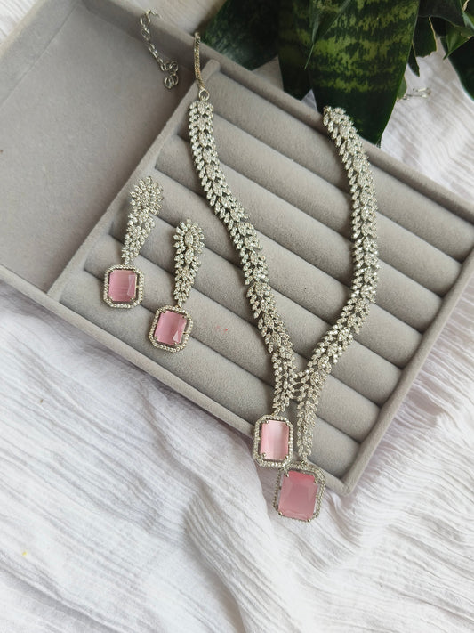 BEAUTIFUL SILVER WITH PINK STONE AMERICAN DIAMOND NEACKLACE