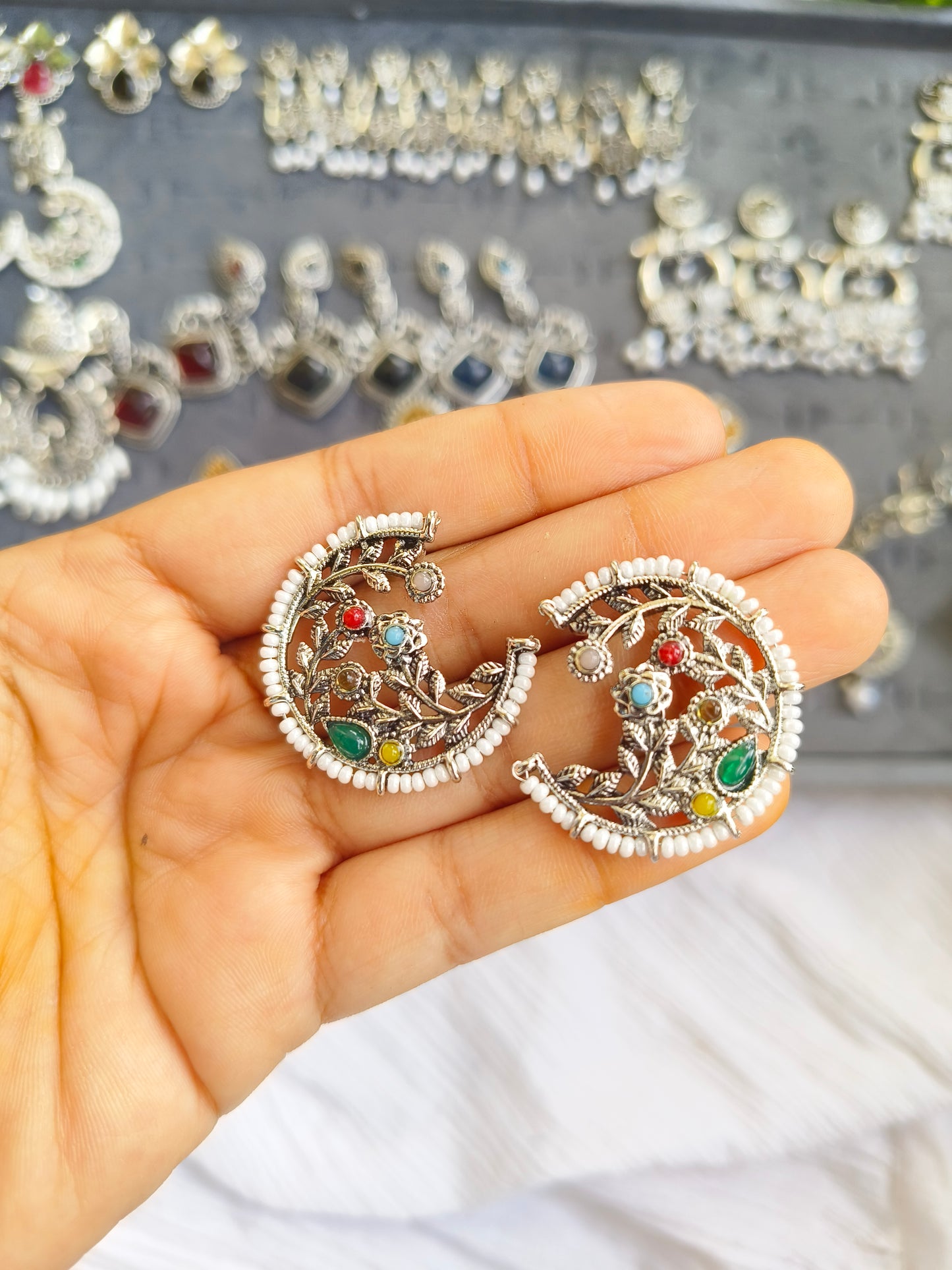 Handcrafted Oxidized Silver Moon Stud Earrings with Colorful Stones & Pearls – Ethnic Jewelry