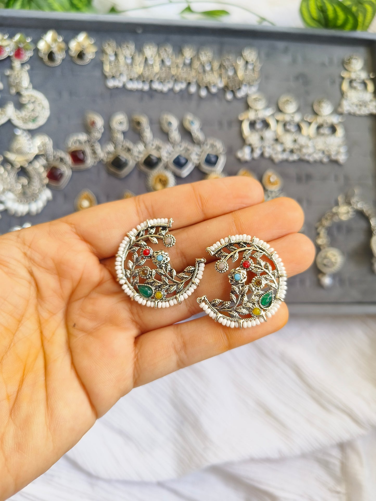 Handcrafted Oxidized Silver Moon Stud Earrings with Colorful Stones & Pearls – Ethnic Jewelry