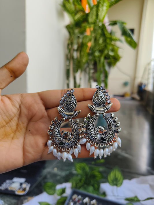 Elegant Oxidised Peacock Earrings with Pearl Drops