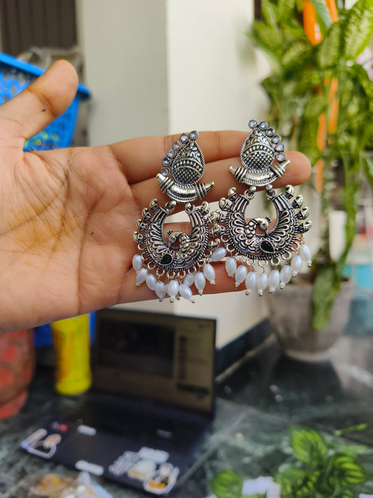 Elegant Oxidised Peacock Earrings with Pearl Drops