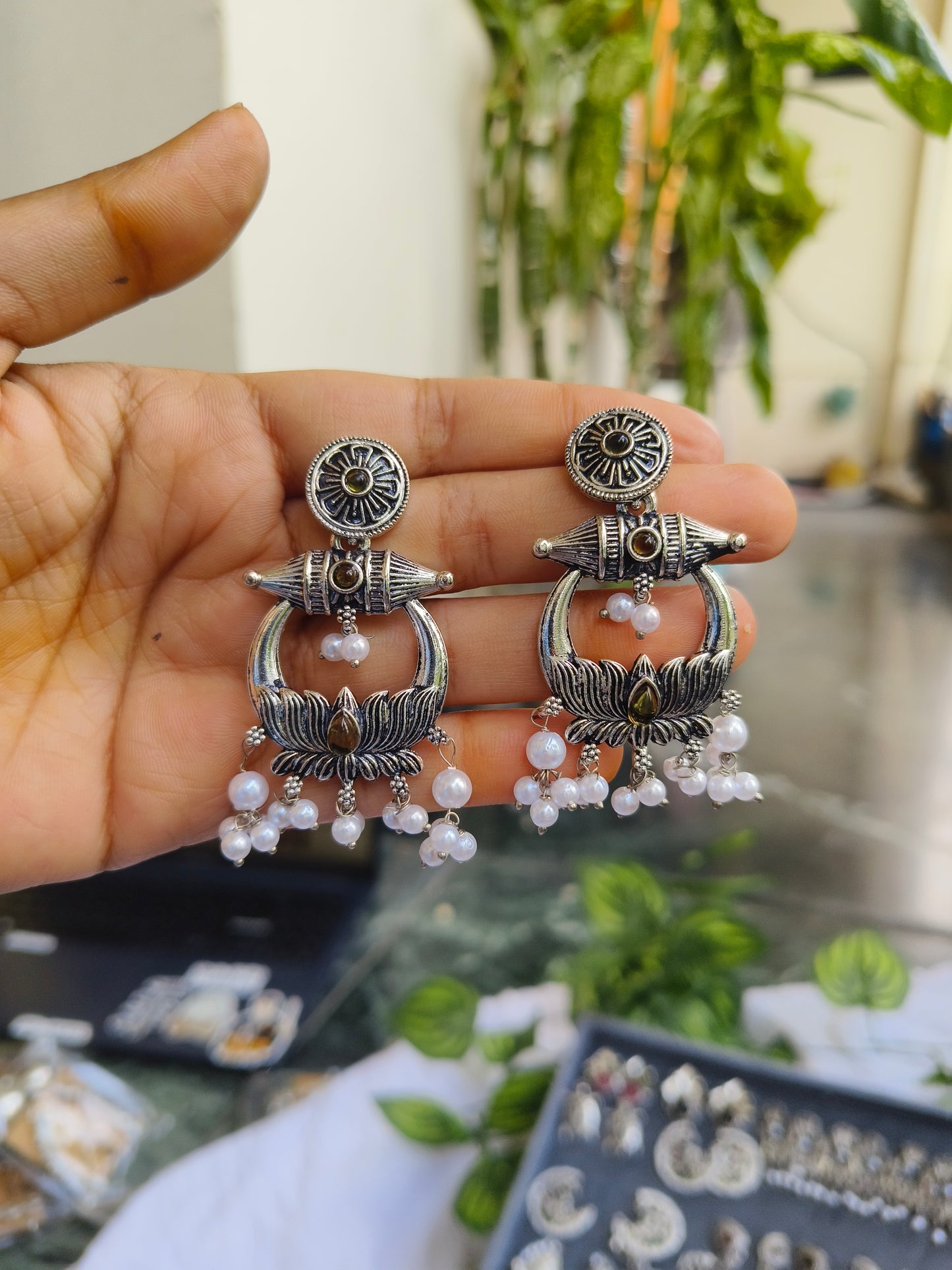 Handcrafted Oxidized Silver Lotus Earrings with Pearl Drops – Ethnic Statement Jewelry