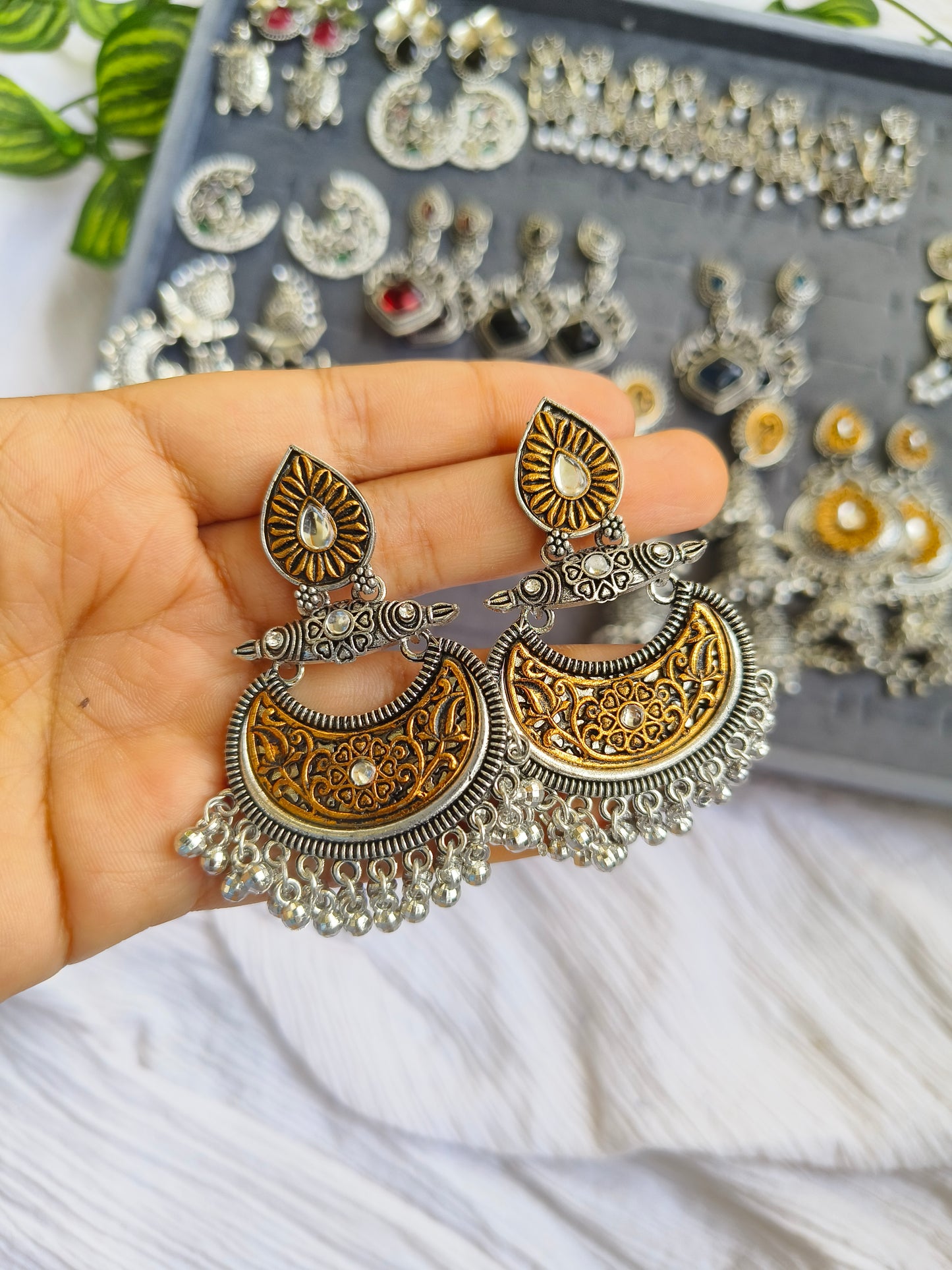 Silver Rangrez Chandbali Earrings with Golden Detailing – Ethnic Jewelry