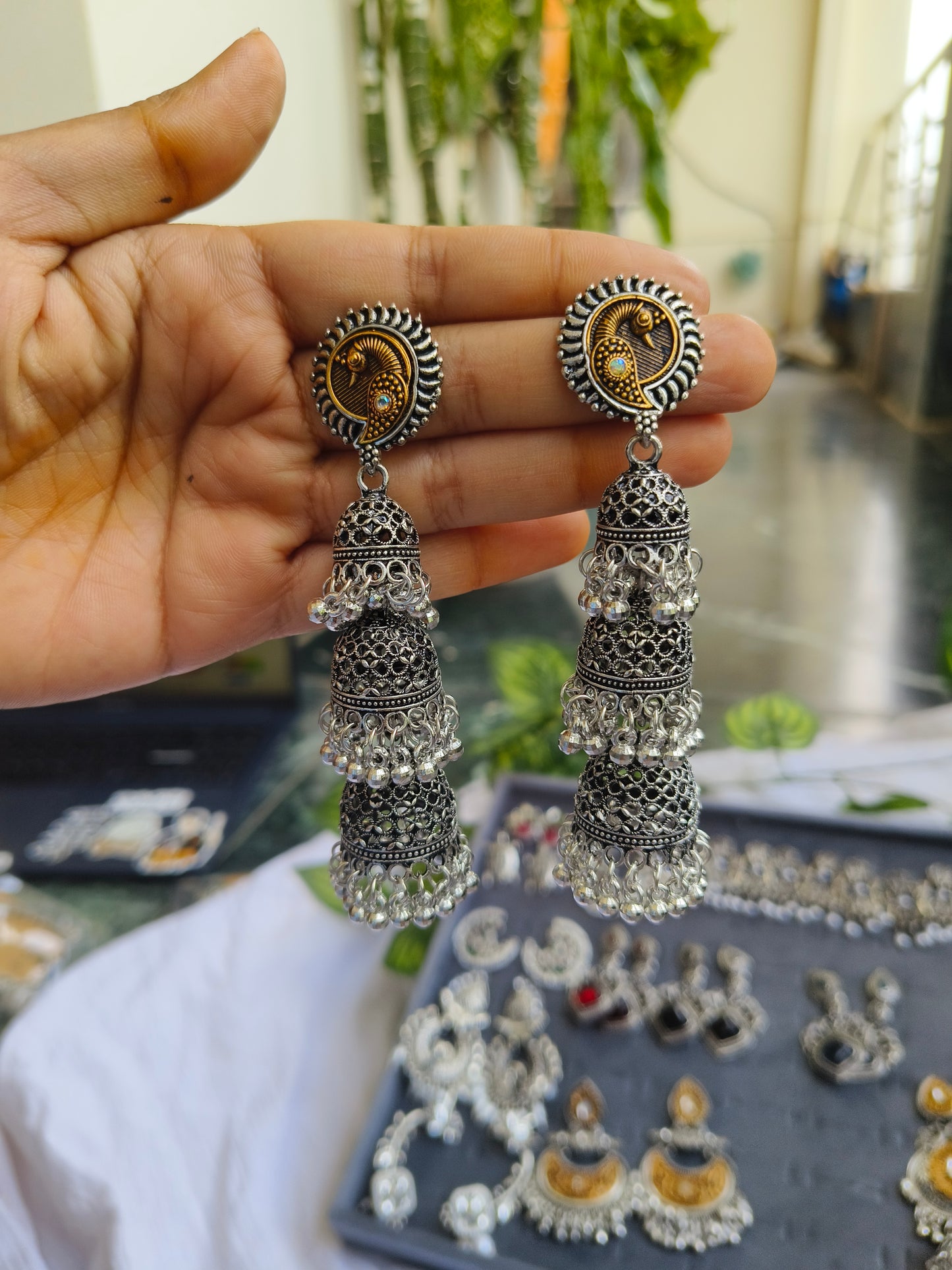 Triveni Jhumka Earrings with Golden Detailing – Ethnic Statement Jewelry