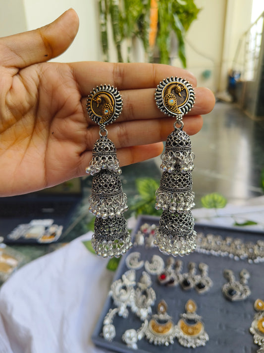Triveni Jhumka Earrings with Golden Detailing – Ethnic Statement Jewelry
