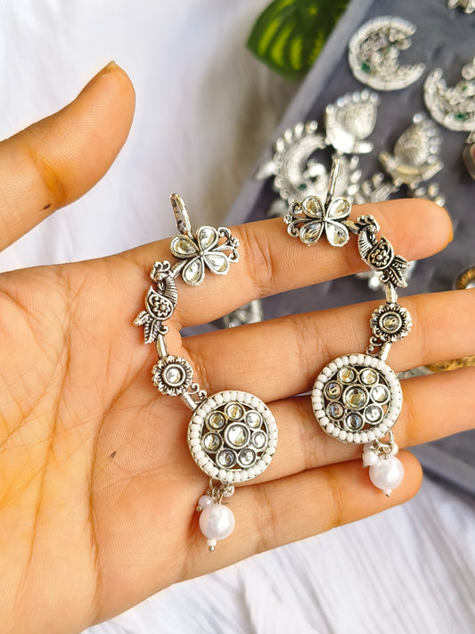 Handcrafted Oxidized Silver Floral & Bird Earcuff with Mirror Work and Pearl Drop – Ethnic Jewelry