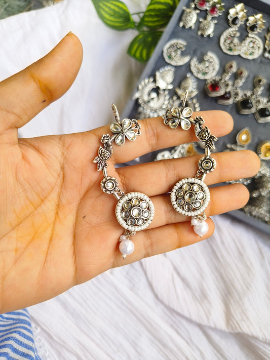 Handcrafted Oxidized Silver Floral & Bird Earcuff with Mirror Work and Pearl Drop – Ethnic Jewelry