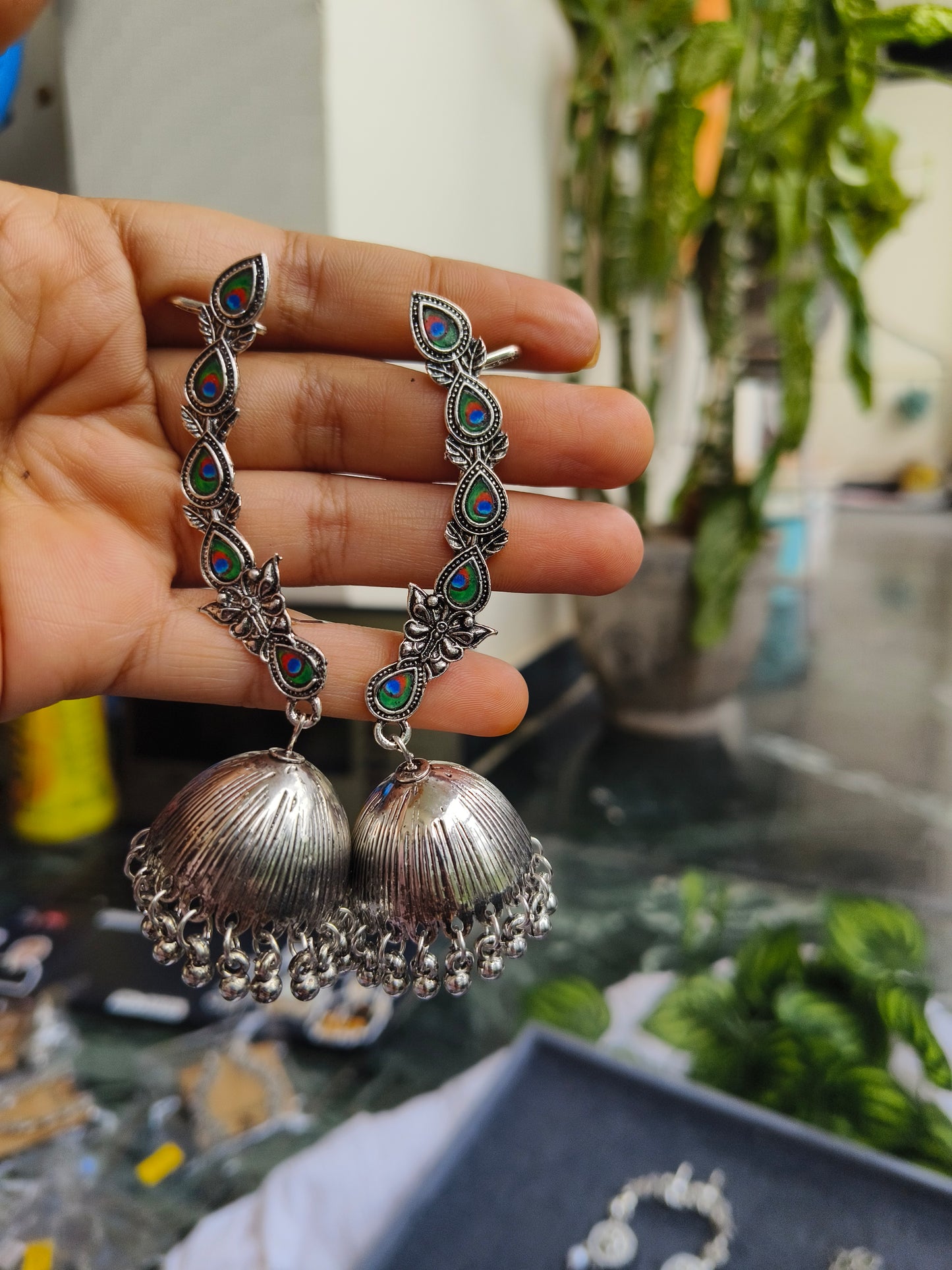 Silver Peacock Earcuff with Green-Blue Stones & Jhumka Drops – Ethnic Jewelry