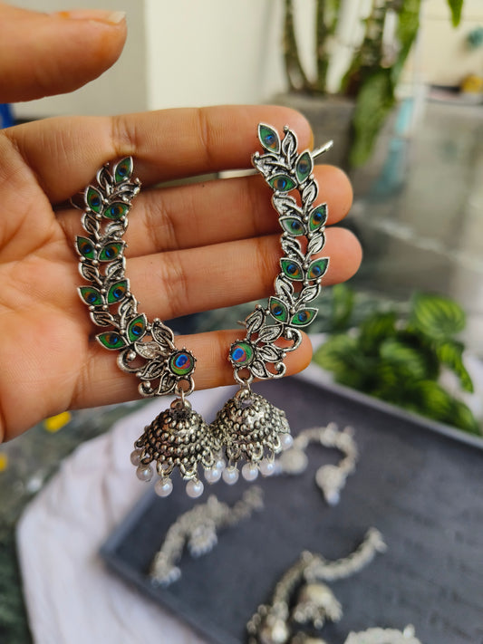 Silver Peacock Earcuff with Green-Blue Stones & Jhumka Drops – Ethnic Jewelry
