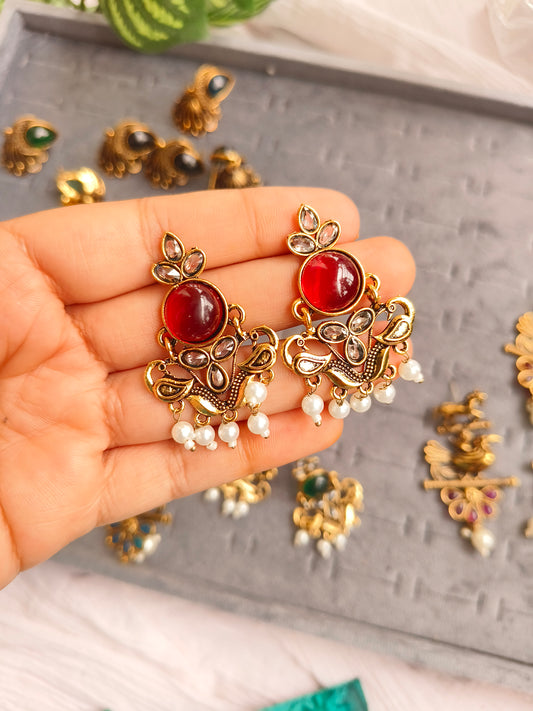 AMRITANJALI EARRINGS:Red Stone Kundan Pearl Drop Earrings | Traditional Ethnic Jewelry