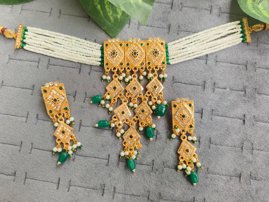 Royal Green & Gold Plated Pearl Choker Necklace Set with Earrings