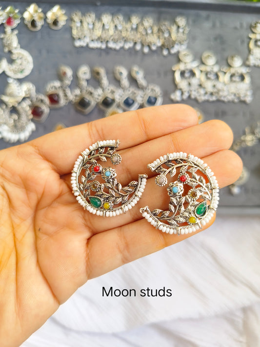 Handcrafted Oxidized Silver Moon Stud Earrings with Colorful Stones & Pearls – Ethnic Jewelry
