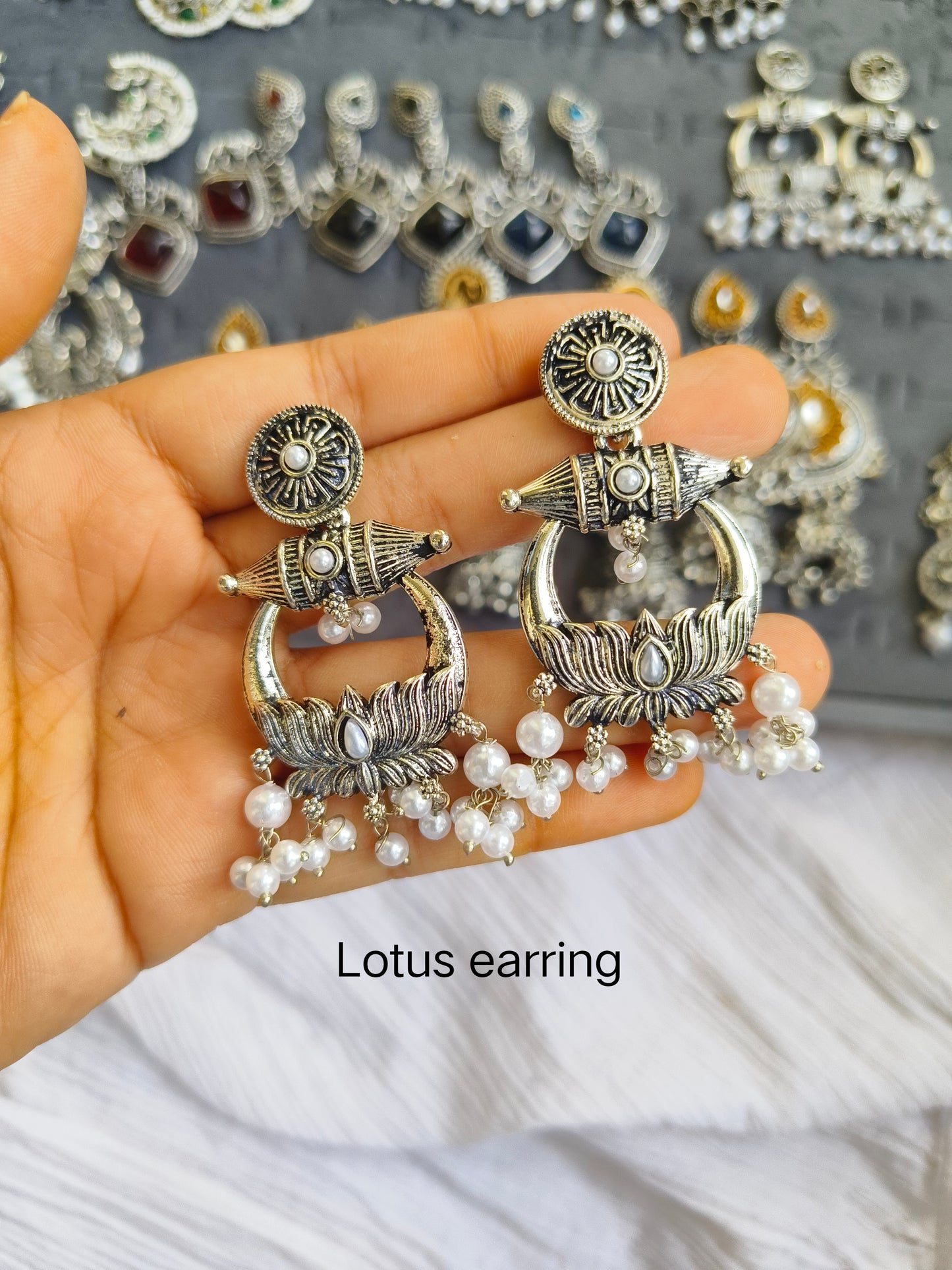 Handcrafted Oxidized Silver Lotus Earrings with Pearl Drops – Ethnic Statement Jewelry