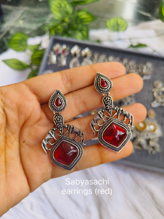 Sabyasachi Inspired Oxidised Silver Earrings with Red stone