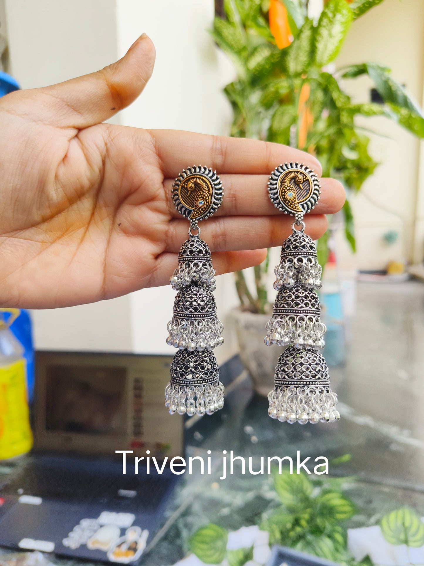 Triveni Jhumka Earrings with Golden Detailing – Ethnic Statement Jewelry