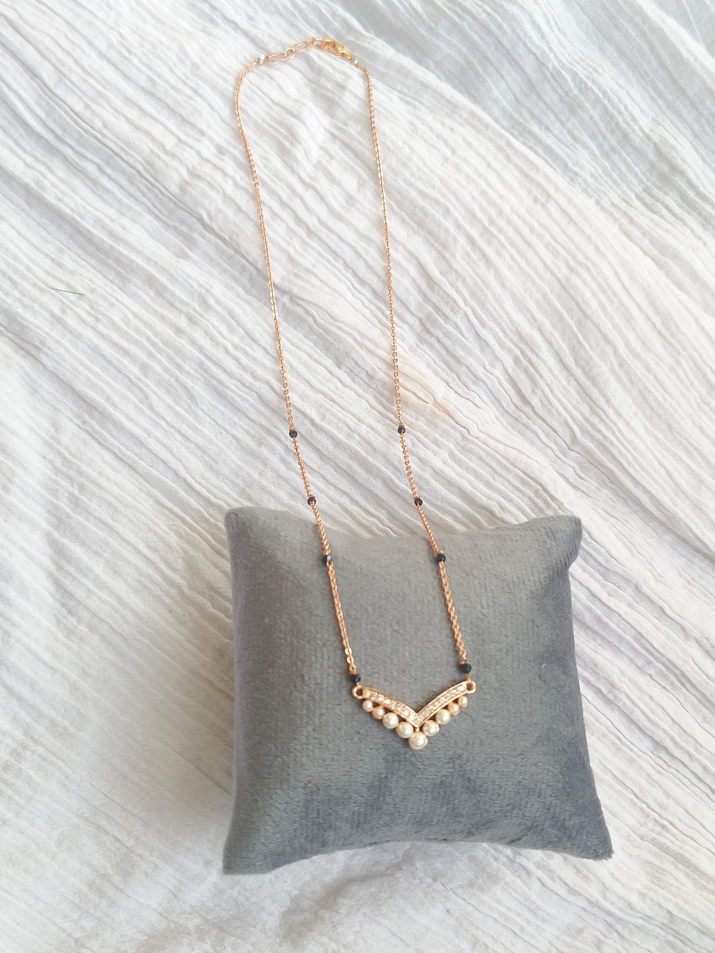 Rose Gold Pearl & American Diamond V-Shape Mangalsutra