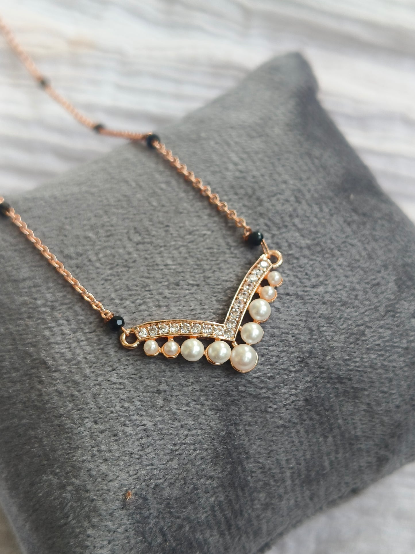 Rose Gold Pearl & American Diamond V-Shape Mangalsutra